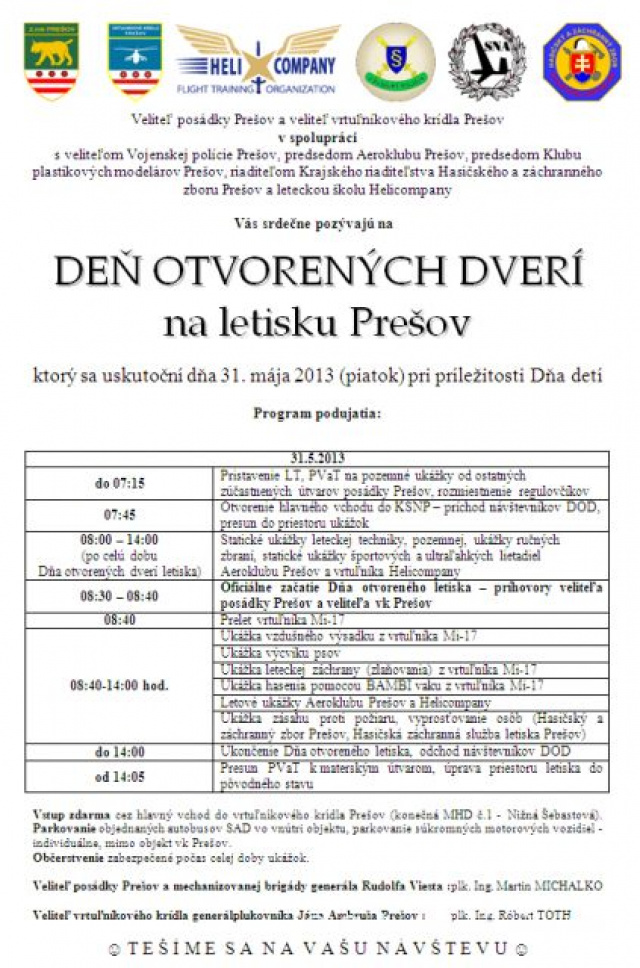 Deň otvorených dverí na letisku v Prešove - AVÍZO